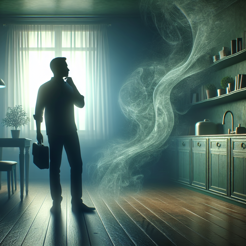 A person's nose or a silhouette of a person looking concerned, subtly detecting an invisible, unpleasant, musty (muffig), earthy smell in a clean but slightly damp-looking room. Abstract, faint, greenish-grey wavy lines or a subtle haze visually represent the unseen odor hanging in the air, acting as a warning sign before visible mold. Realistic photography style, atmospheric lighting.
