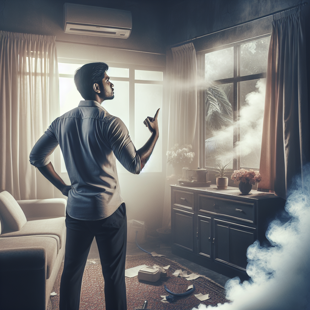 A visually impactful representation of a living room after a house fire, not showing destruction but rather a subtle, persistent smoky haze lingering in the air. A wide-open window provides a slight breeze, and a person is taking a deep, frustrated breath, highlighting the stubbornness of the smoke odor clinging to surfaces. The scene conveys the challenge of removing the smell, with a realistic, slightly desaturated color palette.