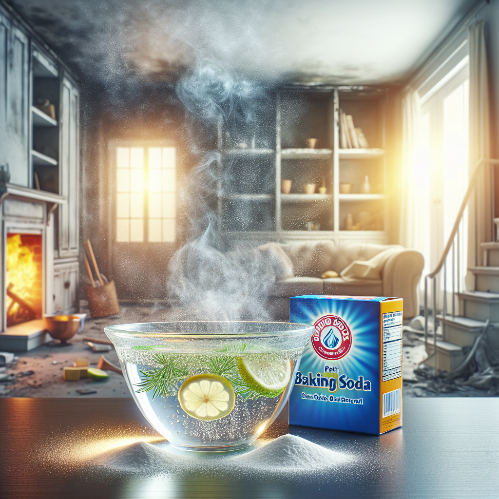A hopeful and clean still-life composition featuring common household remedies for smoke odor removal. In the foreground, a clear glass bowl filled with water and a hint of vinegar, alongside an open box of baking soda. The background softly blurs into a hint of a clean, airy room being restored, symbolizing freshness and effective home solutions after a fire. Bright, optimistic lighting emphasizes cleanliness and hope.