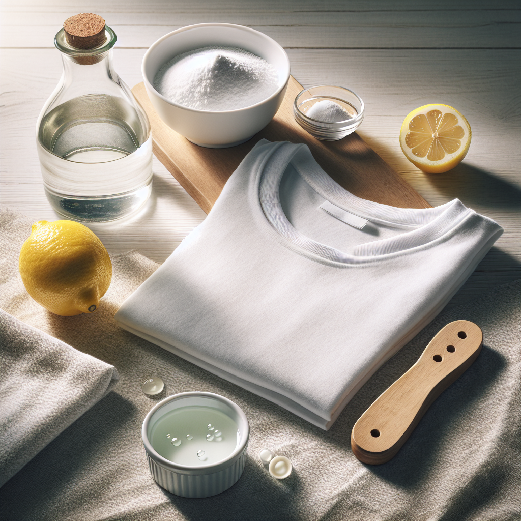 A beautifully composed flat lay on a light wooden surface, showcasing common household remedies for fabric stains. A small bowl of white baking soda, a clear glass bottle of white vinegar, and a half-cut lemon with juice drops are artfully arranged next to a folded, pristine white t-shirt and a dark coffee-stained fabric swatch. The lighting is soft and natural, creating a clean, inviting atmosphere. High detail, realistic photography style.