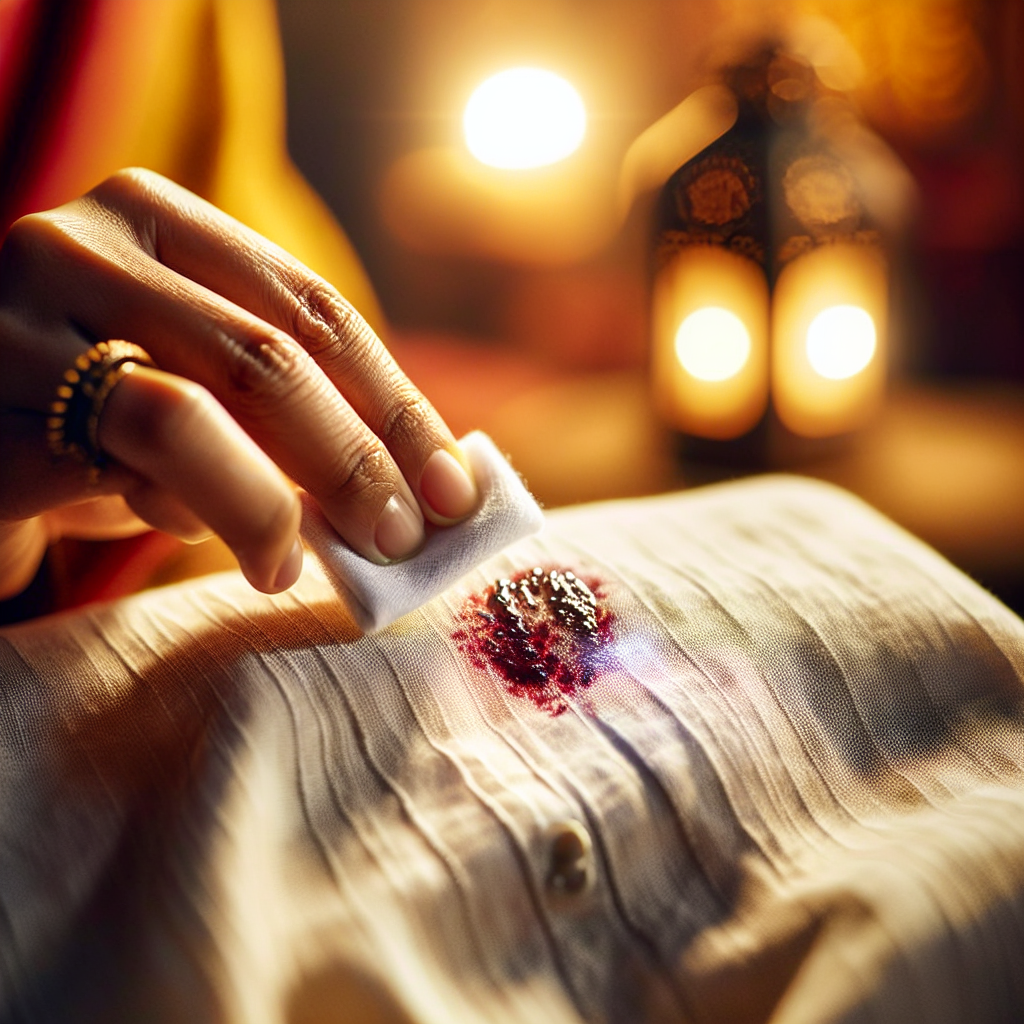 A close-up, dynamic shot of a hand gently dabbing a fresh berry or fruit stain on a light-colored cotton shirt with a small cloth soaked in a clear liquid. The fabric beneath the stain is visibly lightening as the remedy works. The background is a softly blurred, warm home environment. The image conveys cleanliness, care, and effective stain removal. Realistic, bright, and detailed photography.