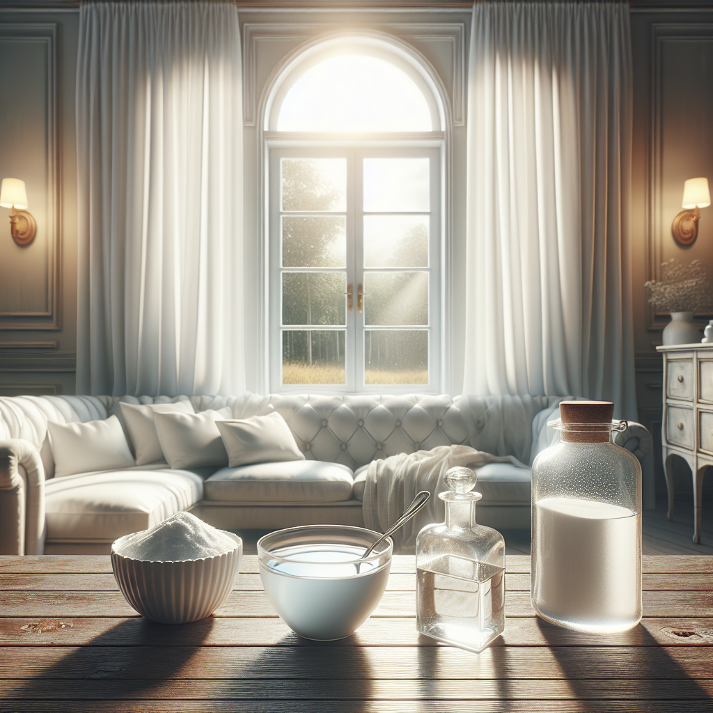 A bright, airy living room with an open window letting in fresh light. On a clean wooden table, there's a small bowl of white vinegar and a small, rustic jar with baking soda. The room feels revitalized and clean, subtly suggesting the effective removal of lingering smells like nicotine. Soft, natural light, realistic photography style.