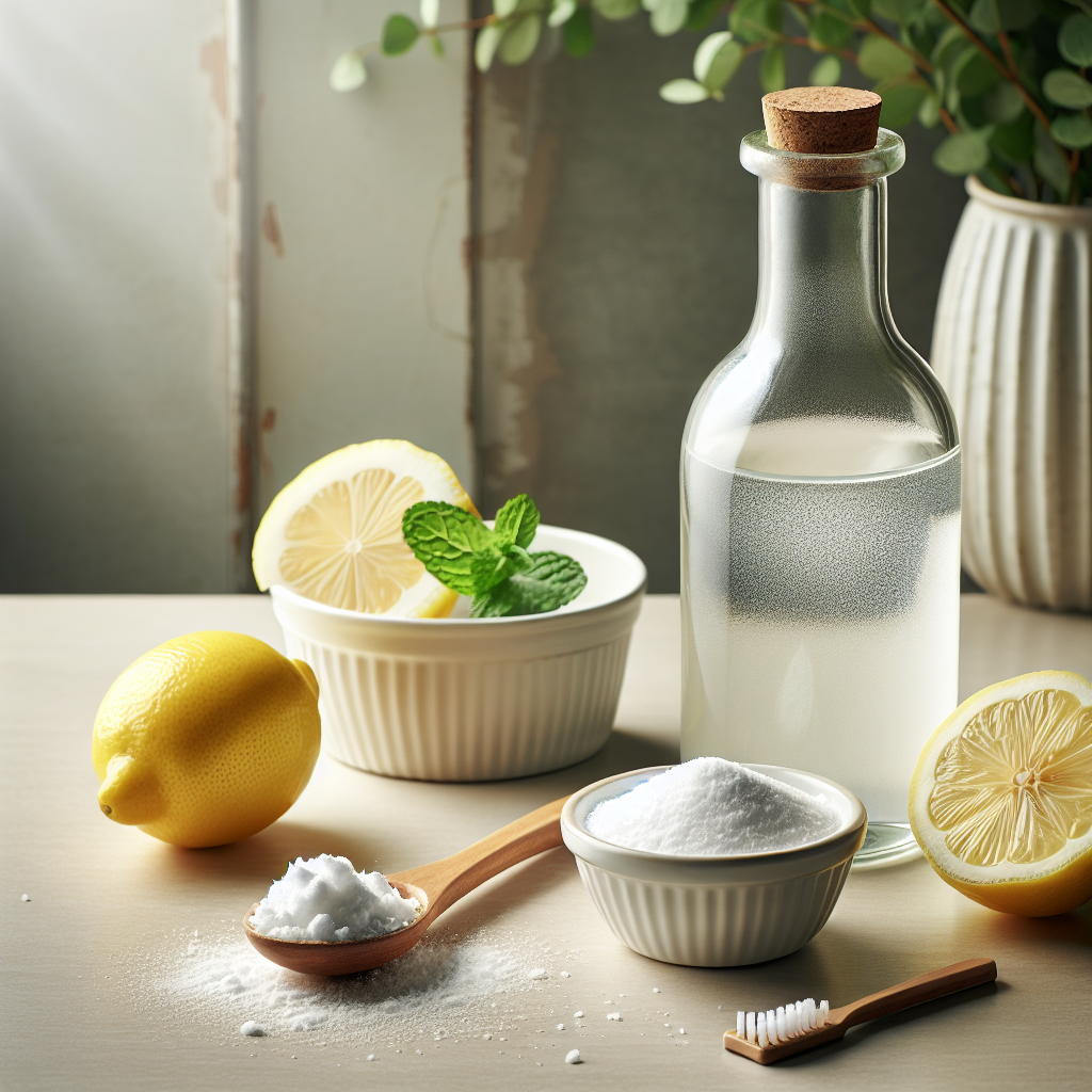 A close-up, aesthetic still life featuring a clear glass bottle of white vinegar, a small bowl of white baking soda powder, and a few fresh lemon slices or a sprig of mint, elegantly arranged on a light wooden countertop. The background is slightly blurred, suggesting a clean kitchen or home environment. The focus is on the natural, simple ingredients used for cleaning and odor neutralization. High-quality product photography, natural light.