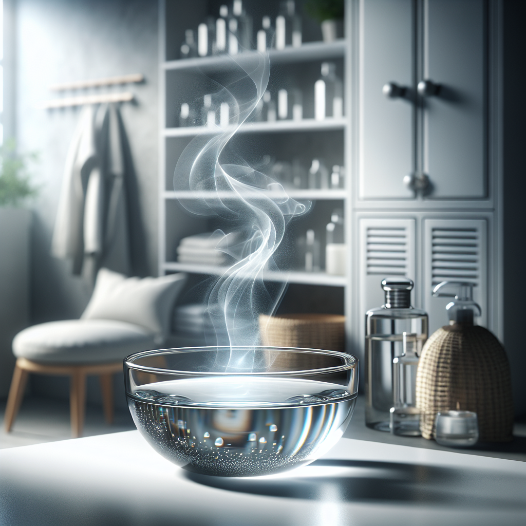 A clean, modern utility room or a cozy living room corner. In the foreground, a simple, elegant glass bowl filled with clear liquid (representing vinegar or water with essence) sits on a clean surface. From the bowl, subtle, bright, clean-smelling vapor or light emanates, visually pushing away or neutralizing faint, wispy, dark, oily-smelling tendrils that are receding into the background. The overall atmosphere is fresh, clean, and calm, symbolizing the effective removal of unpleasant smells using home remedies. Soft, natural lighting.