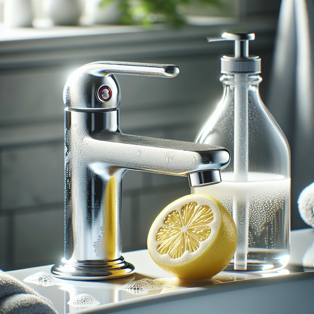 A close-up shot of a modern chrome bathroom faucet covered with visible, dull limescale spots. Next to it, a clear glass bottle of white vinegar and a fresh lemon half are placed, hinting at natural cleaning solutions. The background is a softly blurred, bright bathroom setting with natural light. Realistic, high-resolution.