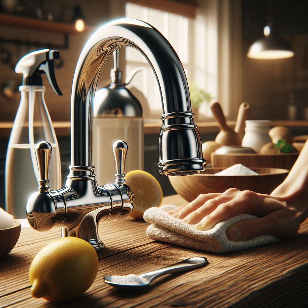 A hand gently wiping a sparkling clean, polished chrome kitchen faucet with a soft cloth. In the background, out of focus, a collection of natural cleaning ingredients like white vinegar in a spray bottle, baking soda in a small bowl, and a cut lemon are neatly arranged on a wooden surface. The scene is bright, clean, and evokes a sense of freshness and natural effectiveness. Realistic, high-resolution.
