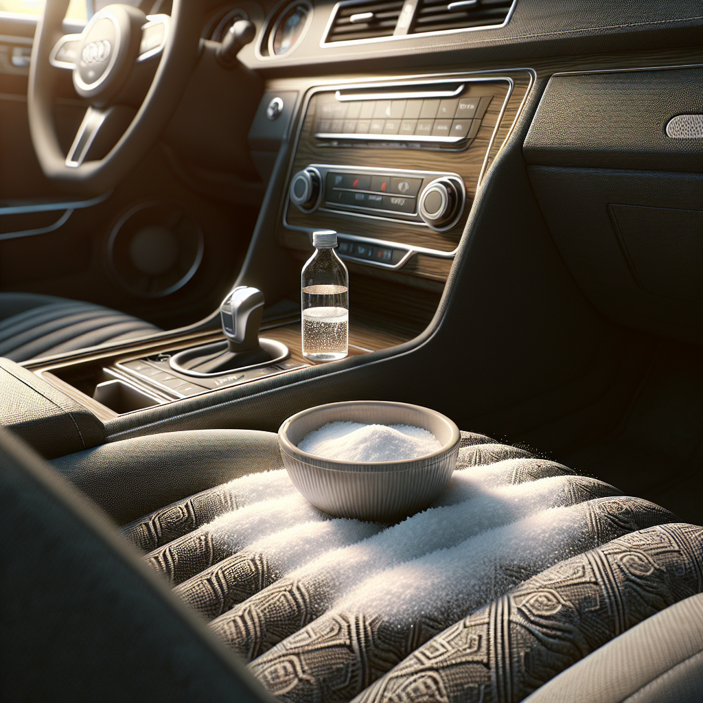 An interior shot of a car, focusing on a small bowl of white vinegar placed on the dashboard and baking soda sprinkled lightly on the fabric seats and floor mats. The overall impression is that of a natural cleaning process in progress, with soft, natural light illuminating the car's interior. Realistic, detailed photography.