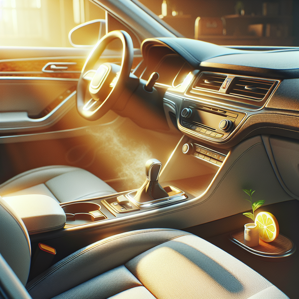 A bright and pristine car interior, completely free of any smoke smell, with warm sunlight streaming through the windows. The upholstery, dashboard, and surfaces appear immaculate, suggesting freshness and a clean, healthy atmosphere. A subtle hint of a pleasant, natural scent, perhaps represented by a small, discreet fresh element like a lemon slice or a small plant. High-resolution, realistic photography.