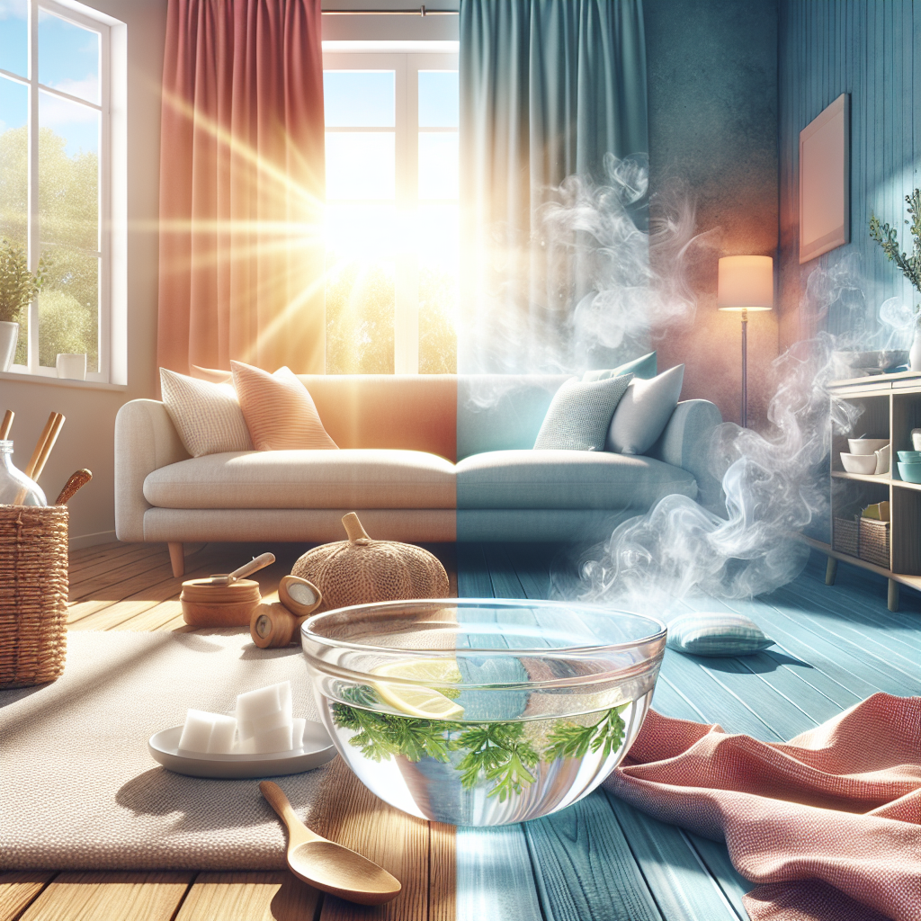 A bright, inviting living room subtly transitioning from a slightly smoky atmosphere to a clean, fresh state. An open window streams in natural light and fresh air, while elements like a bowl of clear liquid (suggesting vinegar water) and a freshly aired textile are visible, emphasizing natural home remedies to eliminate smoke odors. Cozy, clean aesthetic.