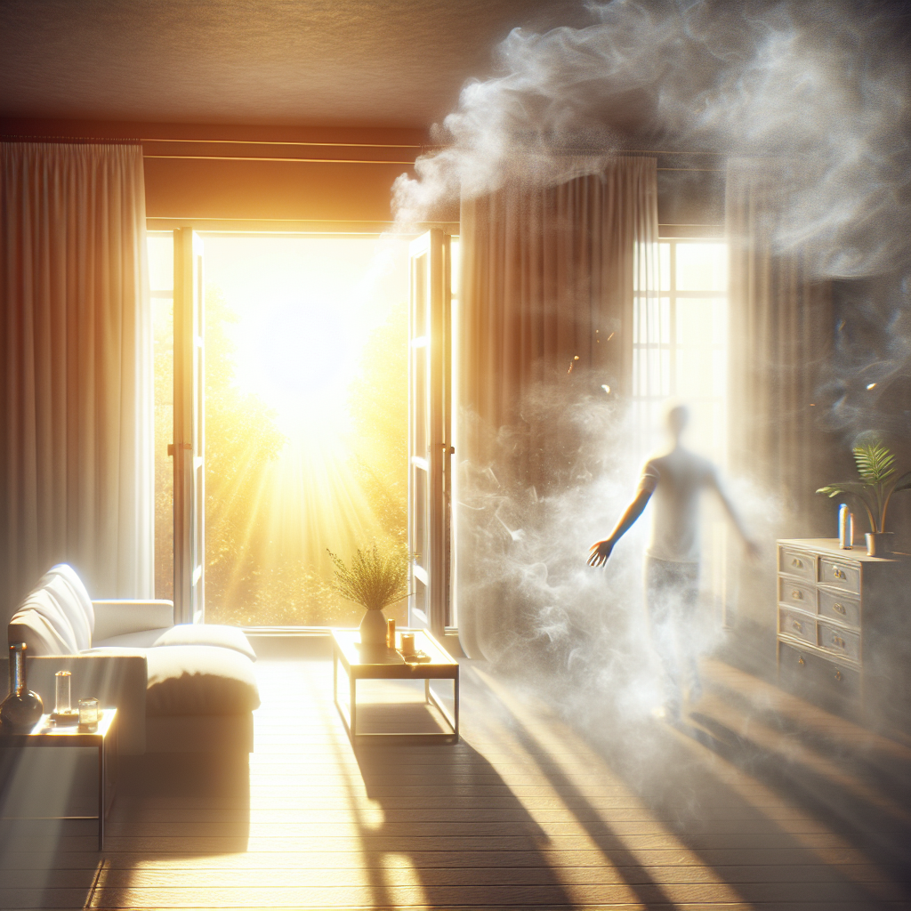 A clean and inviting living room with natural light, subtly hinting at an unpleasant 'heating oil' smell represented by a very faint, almost transparent wisp of grey vapor. A hand is opening a large window wide, allowing bright, fresh air and sunlight to stream in, symbolizing ventilation and the removal of the odor. The room should feel hopeful and in the process of becoming fresh again. Realistic, detailed.