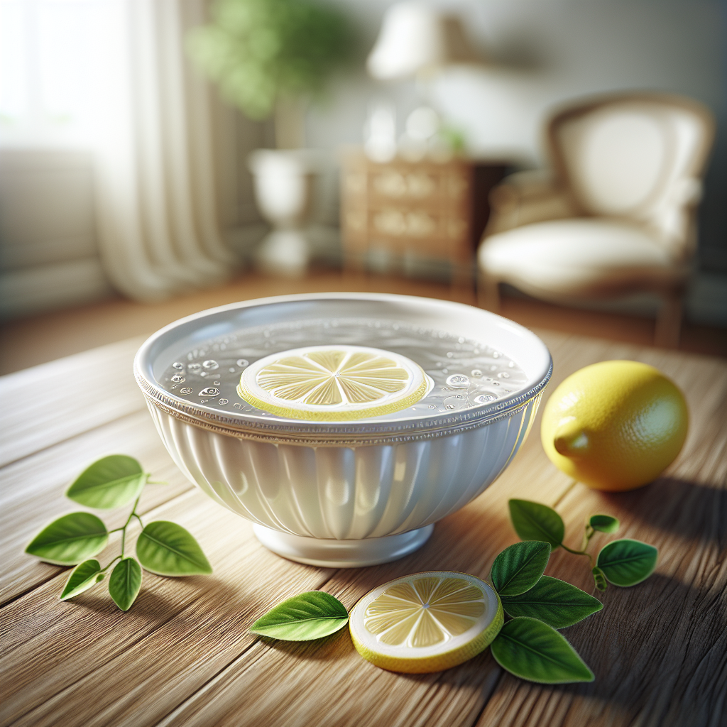 A close-up shot of a small, elegant ceramic bowl filled with clear liquid (representing vinegar water) placed on a polished wooden table. Next to it, a few fresh lemon slices or a sprig of a green herb. The background is softly blurred, suggesting a clean, well-maintained home environment. The lighting is bright and natural, emphasizing freshness and a natural solution to bad odors. Realistic, clean aesthetic.