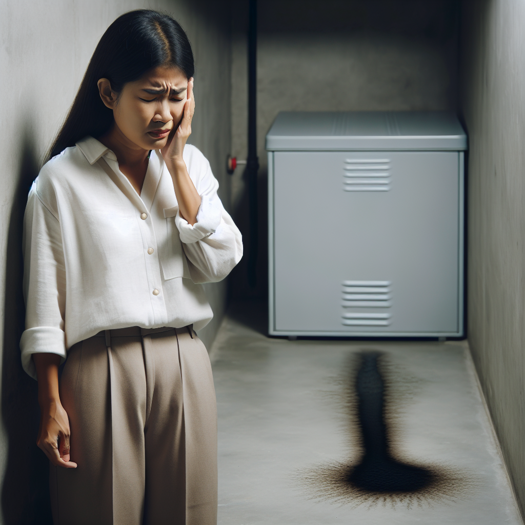 A person, looking slightly distressed, stands in a clean but somewhat stark utility room or basement, subtly reacting to an unseen but implied unpleasant heating oil smell. A small, almost imperceptible dark stain on the concrete floor in the corner hints at the source. The lighting is neutral, conveying a common household problem. Realistic photo.