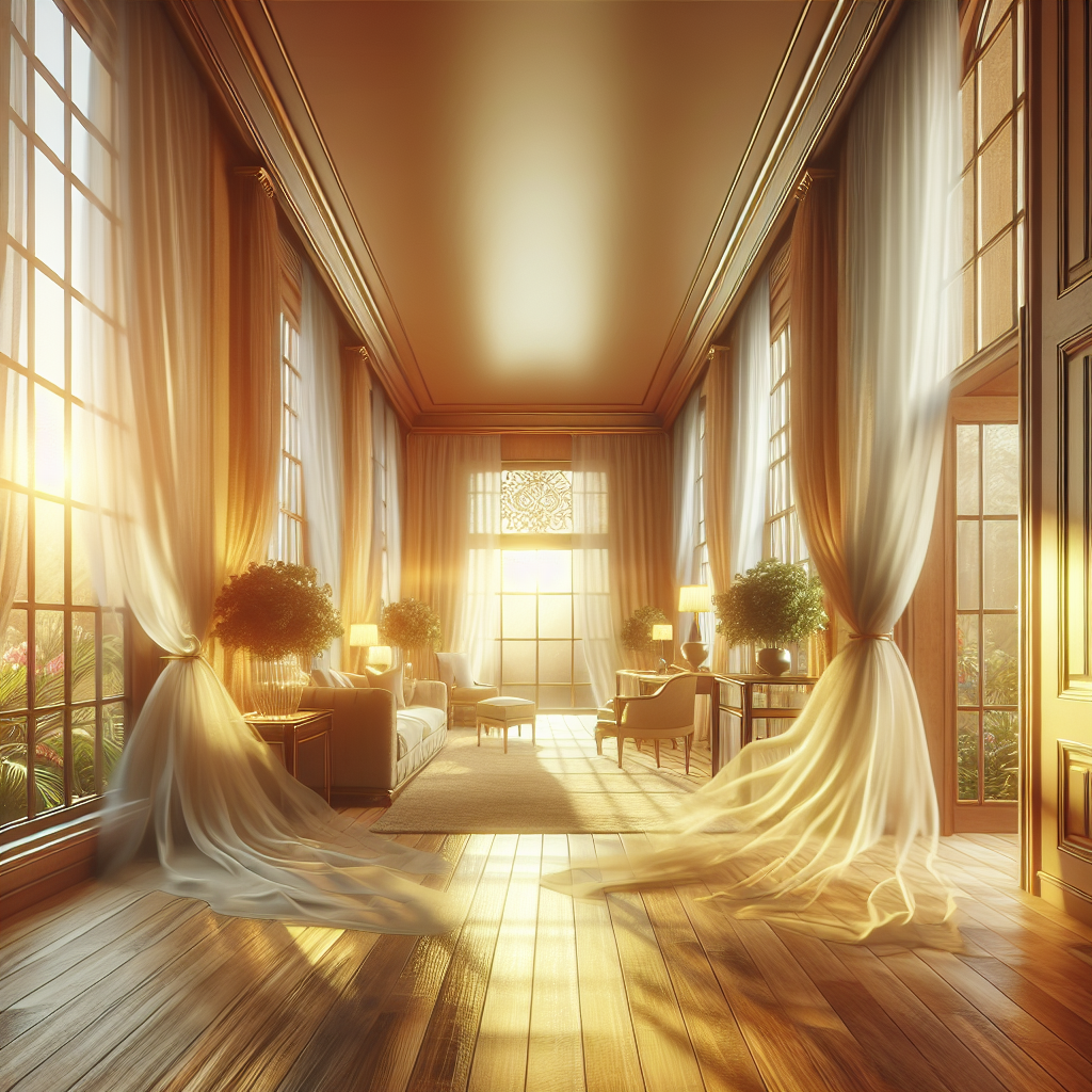A bright and airy living room or hallway with large windows wide open, allowing sunlight to stream in. Curtains are gently billowing in a fresh breeze. The room is tidy and inviting, filled with a sense of cleanliness and fresh air, symbolizing a successfully aired-out and refreshed home. Realistic photo.