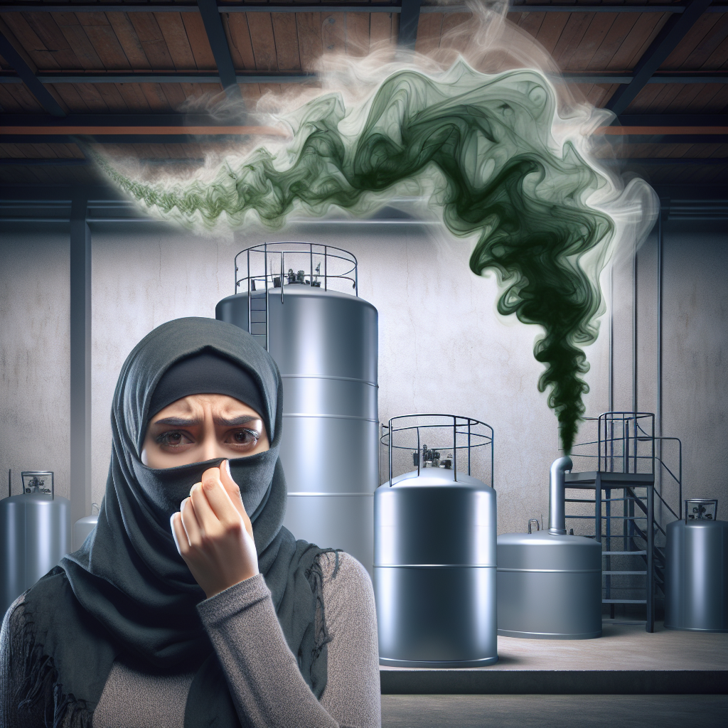 A person with a distressed expression, holding their nose, standing in a dimly lit, slightly industrial basement or utility room. A large heating oil tank is visible in the background, with a subtle, abstract, wavy greenish-brown vapor emanating from its base, symbolizing a strong, unpleasant smell. The atmosphere is oppressive and stale.