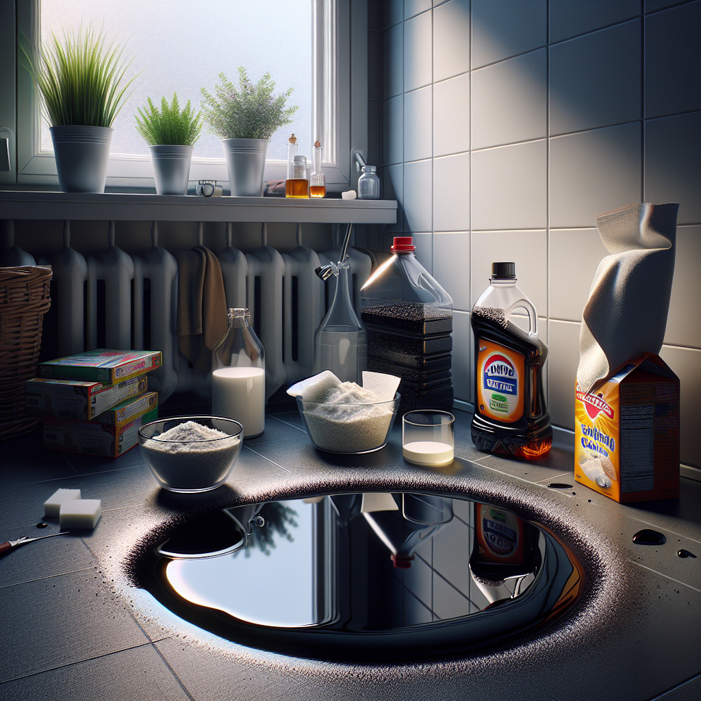 A clean, well-lit utility room corner with a subtle, dark puddle of heating oil on the floor. Around it, various home remedies are strategically placed: a small bowl of fresh coffee grounds, a clear bottle of white vinegar, and an open box of baking soda. The scene conveys a sense of effective cleaning and odor removal, with fresh air implied. Realistic, domestic photography style.