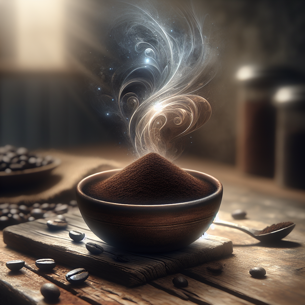 A close-up shot of a small ceramic bowl filled with dark, aromatic coffee grounds, placed on a wooden surface in a softly lit room. Subtle, ethereal wisps of 'fresh scent' are visibly emanating from the coffee, metaphorically neutralizing an unseen unpleasant odor. The background is softly blurred, hinting at a domestic environment. Warm, inviting, detailed photography.