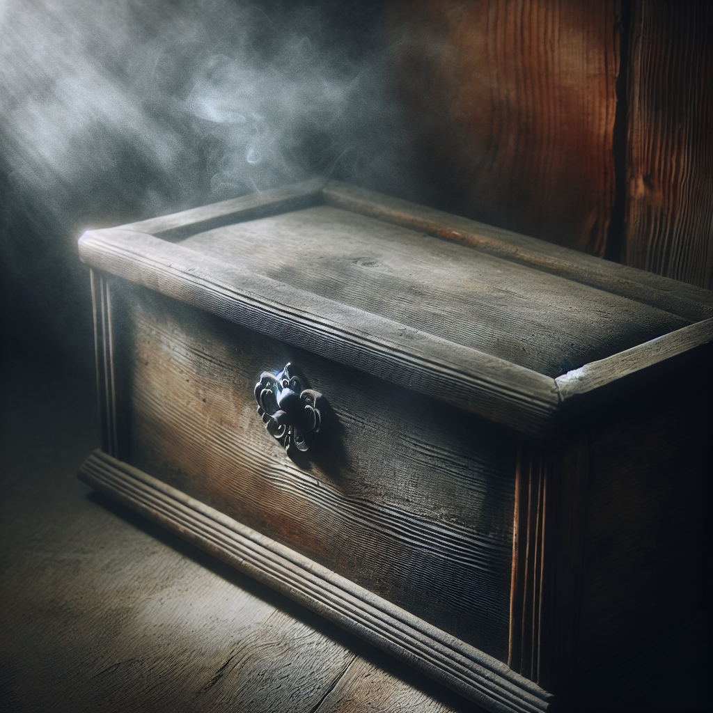 A close-up of an old, vintage wooden chest or antique wooden cabinet in a dimly lit corner, with a subtle, faint grey-green smoky aura visibly emanating from its surface, symbolizing a persistent unpleasant musty odor. The wood should have a slightly distressed, aged appearance, emphasizing its absorption of smells. Realistic, atmospheric lighting.