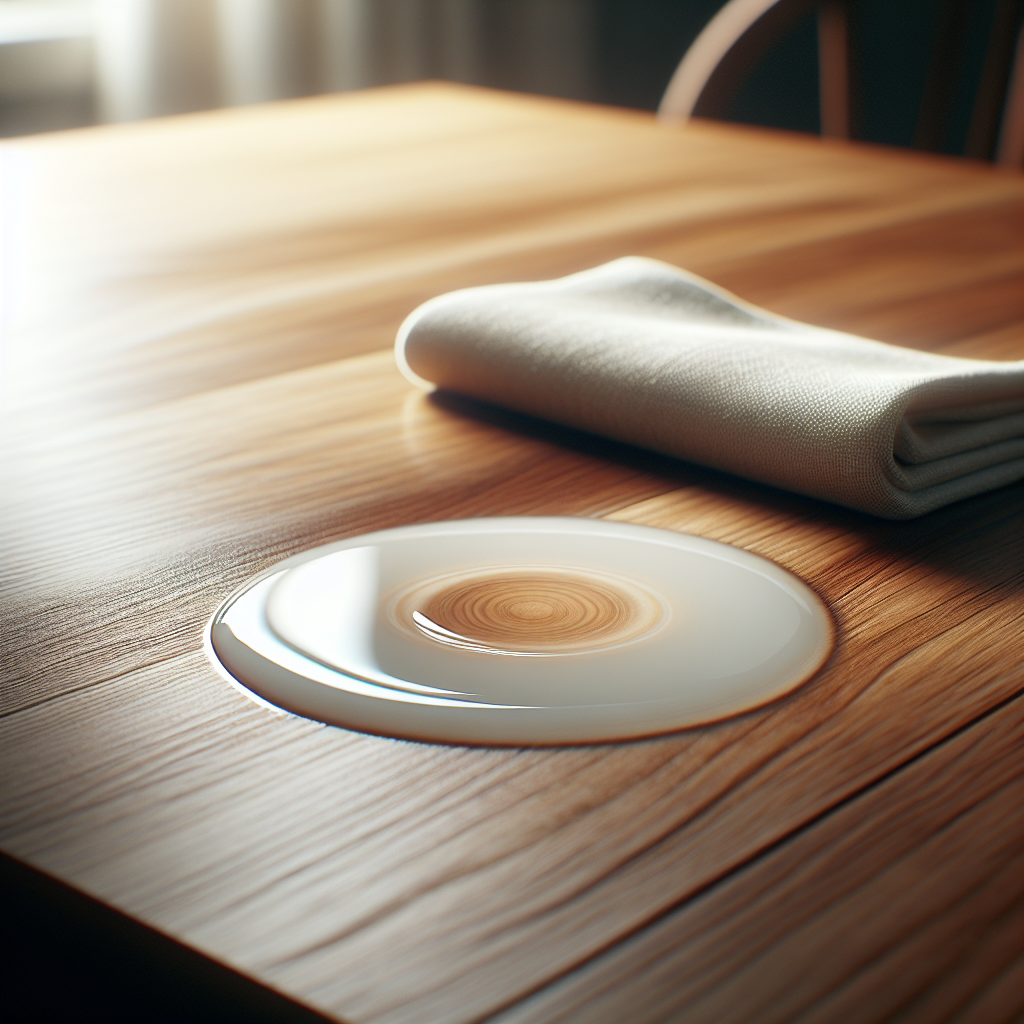 A beautifully lit close-up shot of a polished wooden table surface with a noticeable, milky white water ring stain. A soft, clean cloth is gently placed near the stain, suggesting the beginning of a cleaning process. The scene evokes a sense of care and restoration, with a shallow depth of field. High detail, natural light, elegant photography style.