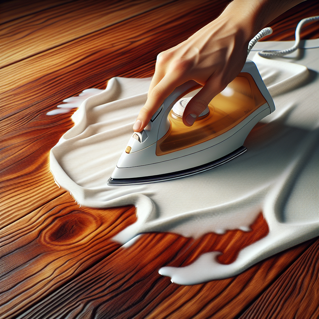 A close-up of a hand carefully pressing a warm, dry clothes iron set on a clean white cotton cloth, which is placed directly over a prominent, milky white water stain on a rich, dark wooden surface. The focus is on the action of removing the stain with heat, showing the texture of the wood grain and the fabric. Soft, warm lighting, hyperrealistic.