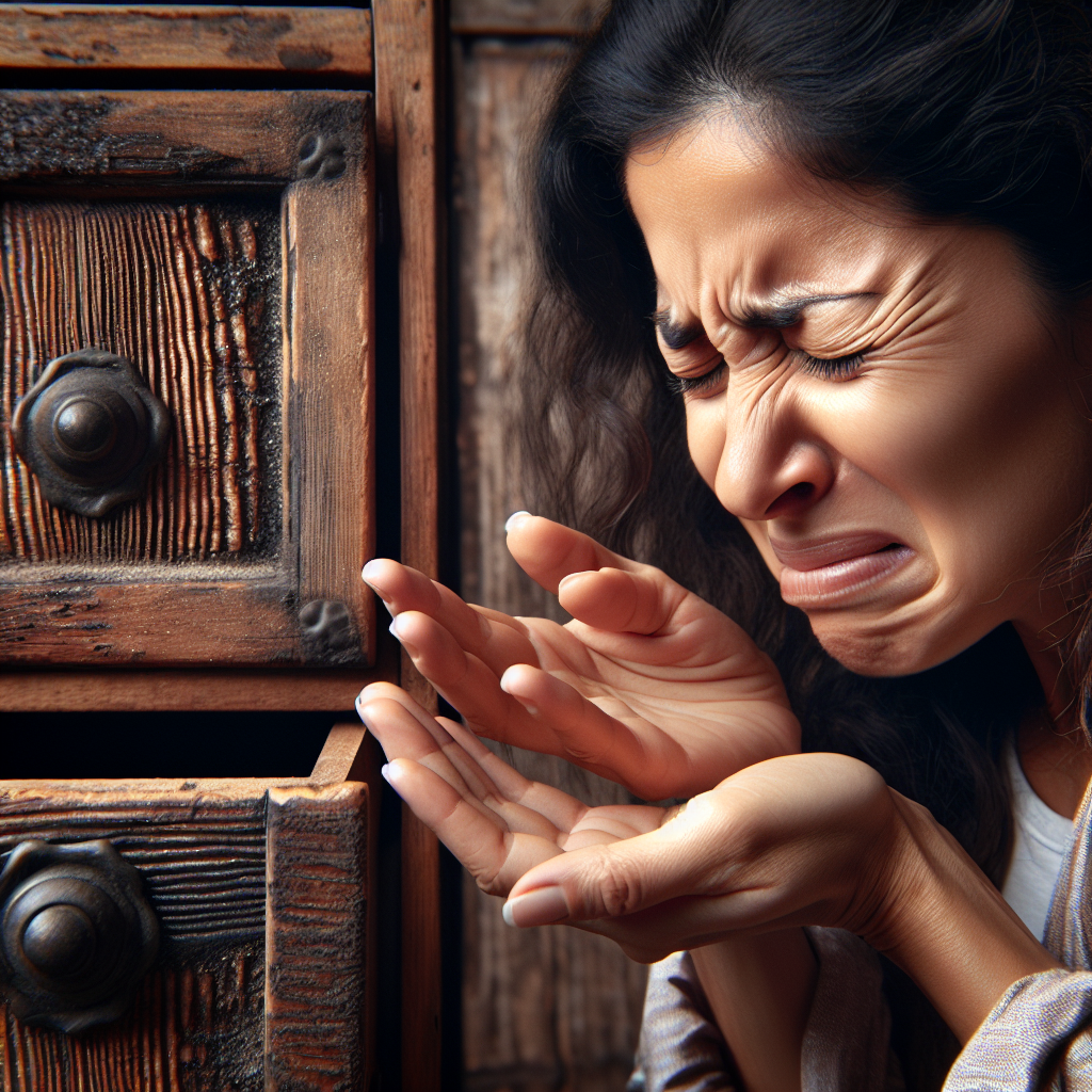 A person's hands opening an old, rustic wooden cabinet. The person's face, slightly out of focus, shows a subtle grimace, reacting to an unpleasant, musty odor emanating from inside the cabinet. The cabinet wood has a rich, textured grain. Realistic photography, natural light.