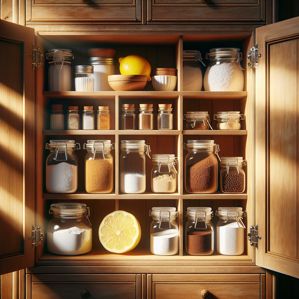 An interior view of a clean, opened wooden cabinet, showcasing various natural home remedies neatly arranged on its shelves. Small, simple containers hold baking soda, fresh coffee grounds, and a sliced lemon. Sunlight illuminates the warm wood, creating a fresh and inviting atmosphere. Realistic, detailed photography.