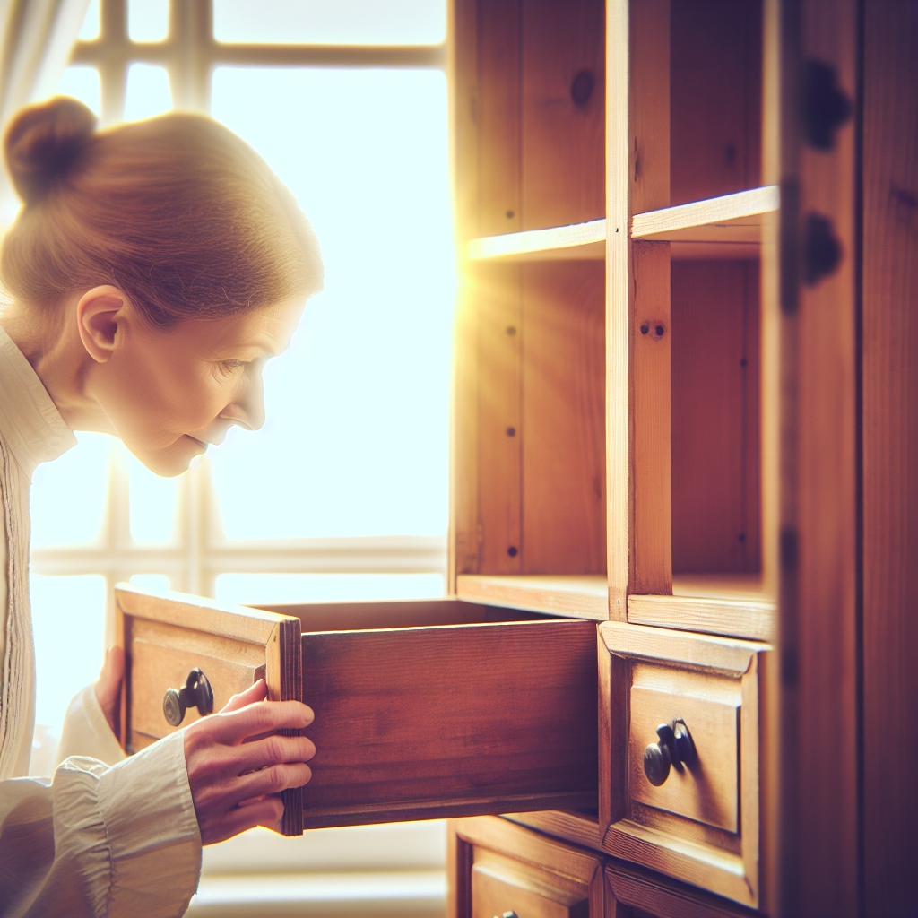 Eine Person (z.B. eine Frau) blickt konzentriert in einen geöffneten, leeren Holzschrank. Der Schrank ist alt, aber sauber und gut gepflegt. Die Szene ist hell und einladend, mit weichem Licht, das eine häusliche Atmosphäre schafft. Der Fokus liegt auf dem Beginn der Geruchsentfernung. Realistischer Stil.