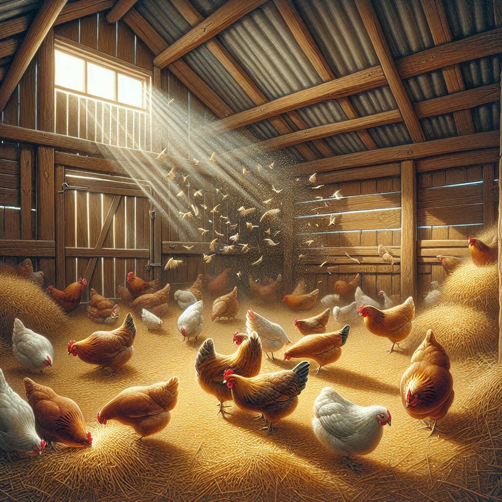 A cozy, rustic chicken coop interior, filled with soft, warm light. Several healthy chickens are pecking at slightly used, golden straw bedding on the floor. Dust motes dance in a gentle sunbeam streaming through a small opening. The overall atmosphere hints at a need for cleaning and freshening, but remains charming and natural. Realistic, high detail.