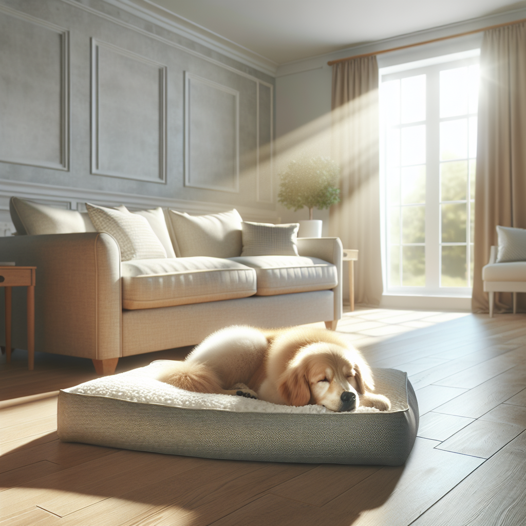 A fluffy, happy dog (e.g., a Golden Retriever or Labrador) contentedly resting on a clean, soft dog bed in a bright, airy living room. Sunlight streams through a slightly open window, subtly suggesting fresh air circulation. The room is tidy and inviting, with a sense of cleanliness and freshness that contrasts with the idea of lingering odors. Realistic, high-quality photography, warm and natural lighting.