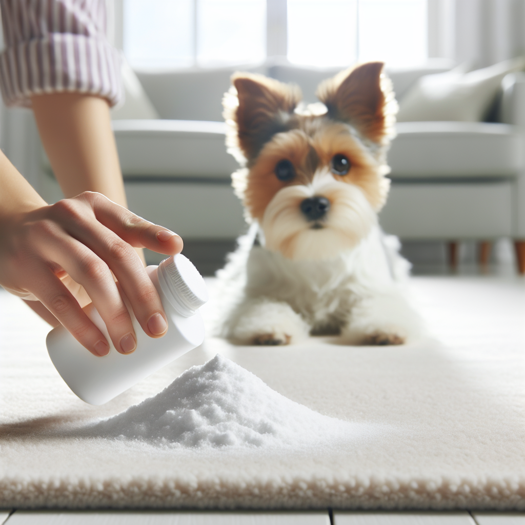 A pair of hands gently sprinkling white baking soda (Natron) onto a light-colored, shaggy area rug, with a cute, curious dog (e.g., a small terrier or Dachshund) observing from a comfortable distance in the background. The scene is set in a clean, bright home interior, focusing on the practical act of neutralizing pet odors in textiles. Realistic photography, natural light, close-up on the action.