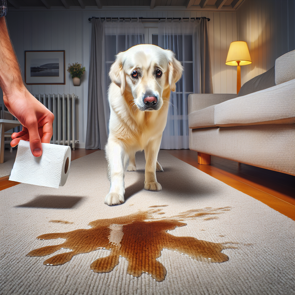 A guilty-looking dog, perhaps a golden retriever or Labrador, standing next to a small, fresh wet urine stain on a light-colored living room carpet. A human hand is reaching in with a roll of kitchen paper or a cleaning cloth, showing immediate action. The atmosphere should convey a mix of frustration and urgency, with good lighting highlighting the stain.