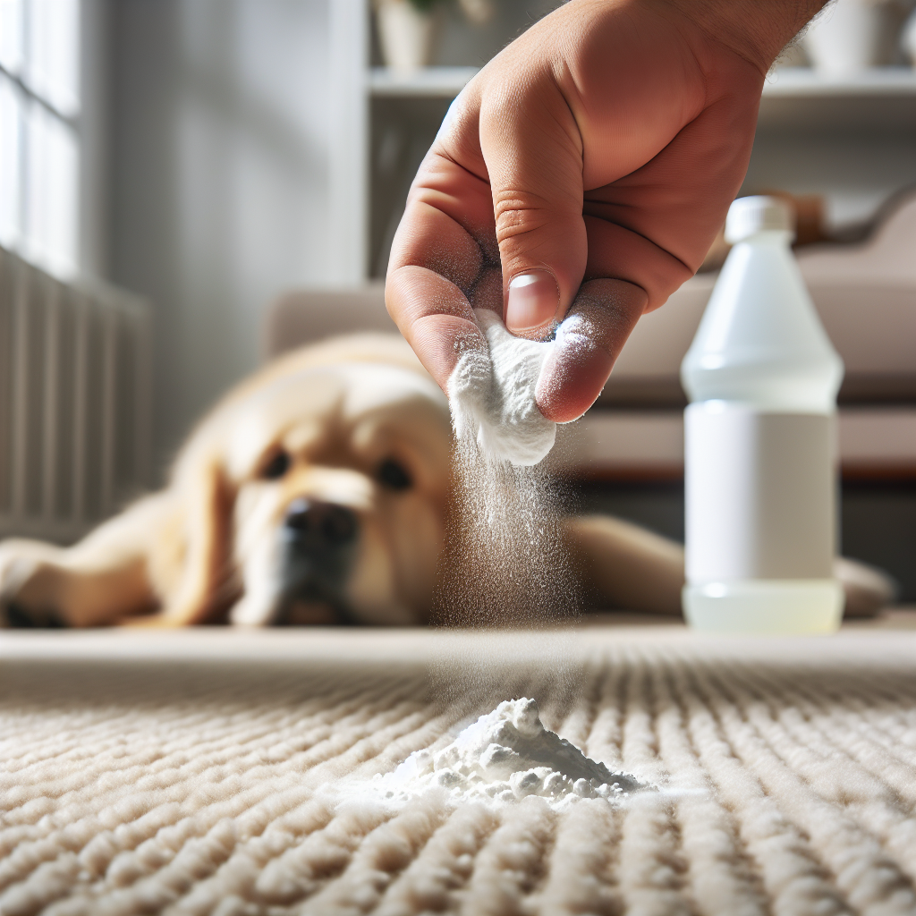 A close-up shot of a hand sprinkling white baking soda powder generously over a dog urine stain on a light beige carpet. In the background, slightly out of focus, is a bottle of white vinegar, suggesting common home remedies for cleaning. The scene should be clean and practical, emphasizing the act of cleaning and problem-solving.