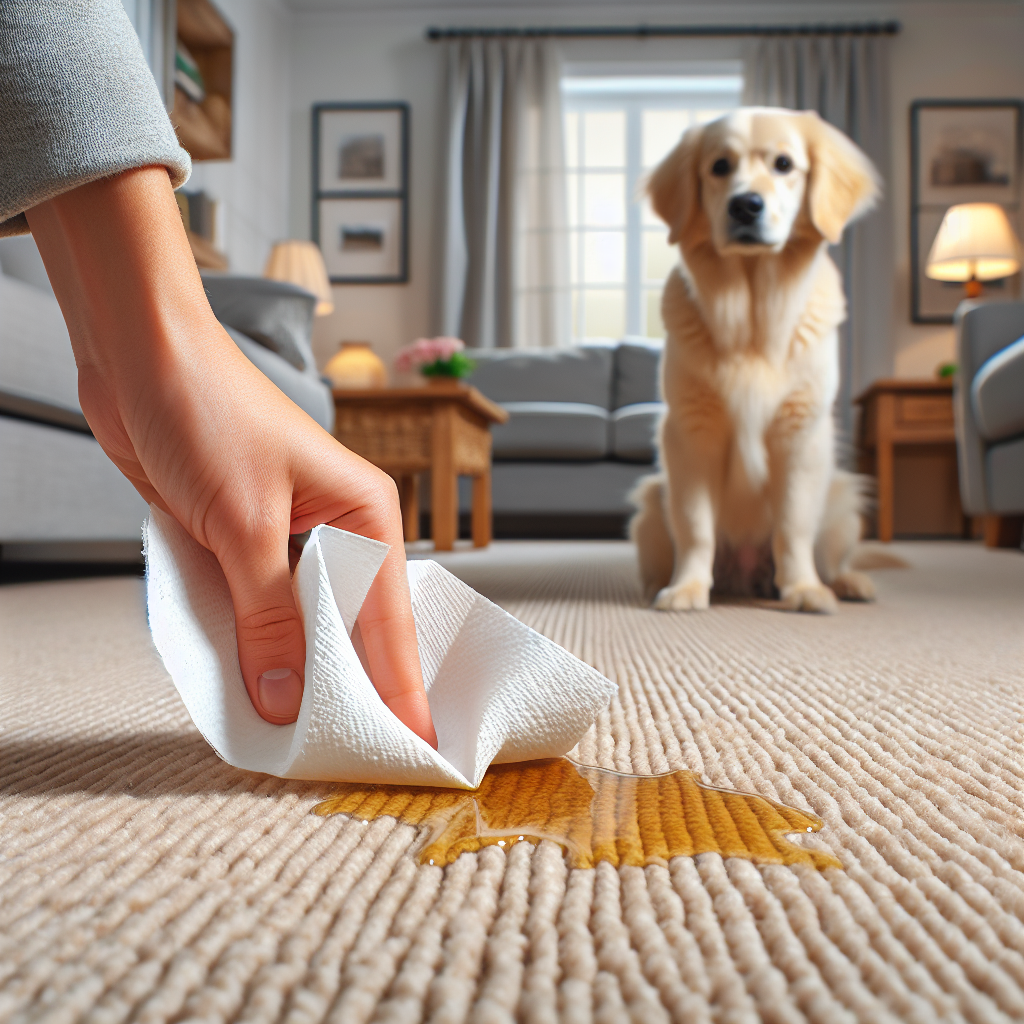 A fresh dog urine puddle on a light beige carpet in a cozy living room. A hand with a paper towel is gently pressing down on the stain, showing the process of quickly absorbing the liquid. A blurry, slightly guilty dog can be seen in the background. Realistic, well-lit photo.