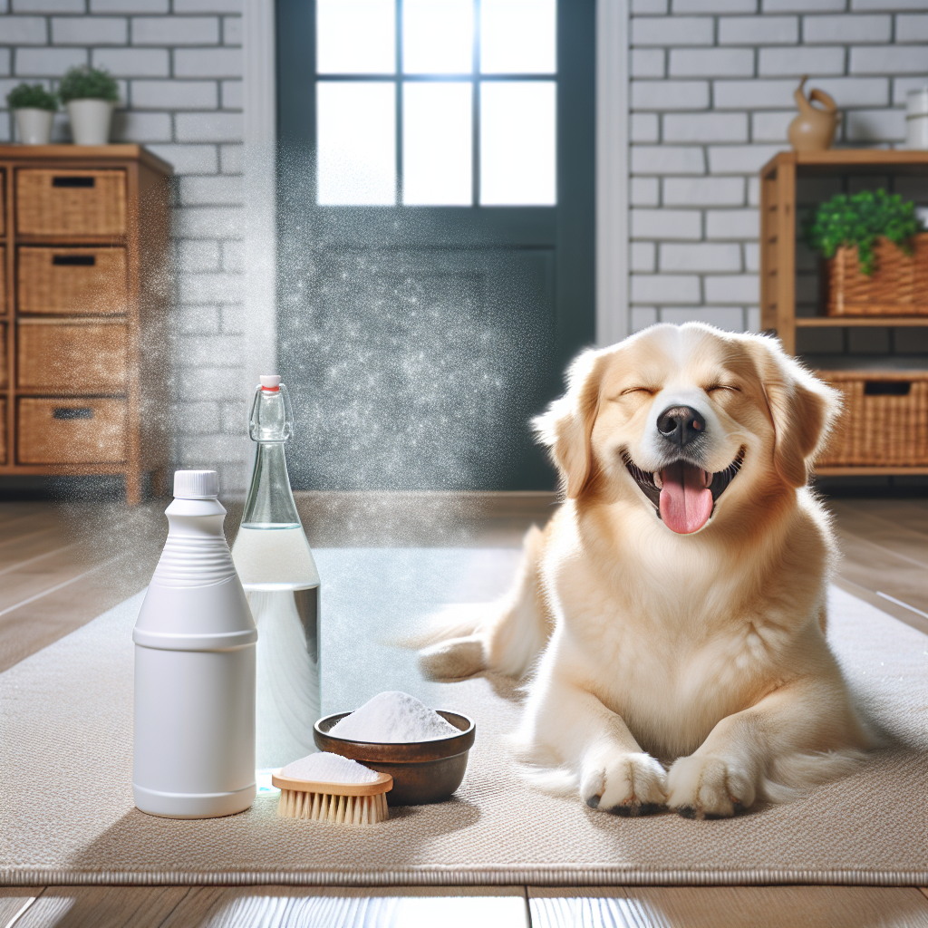 A pristine, clean laminate floor with a subtle, fresh mist effect in the air, symbolizing odor neutralization. Next to it, a bottle of white vinegar and a small container of baking soda are neatly arranged. A happy, relaxed dog is peacefully sleeping on a clean rug nearby. Bright, inviting home environment, realistic photo.