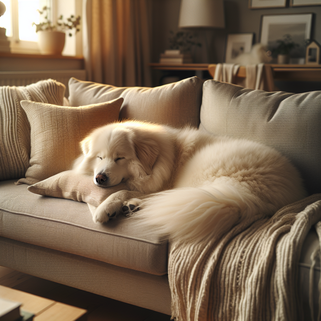 A friendly, fluffy dog (e.g., a Golden Retriever or a Samoyed) is comfortably curled up and resting on a stylish, light-colored fabric couch in a cozy and inviting living room. The lighting is soft and natural, emphasizing a warm domestic atmosphere. Realistic, high-quality photograph with a slight shallow depth of field, perfect for a lifestyle blog article.