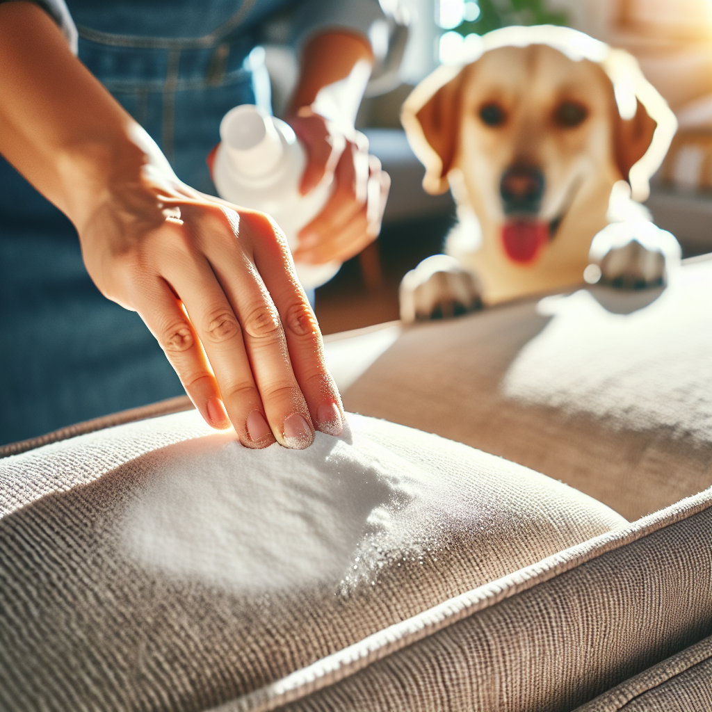 A close-up, overhead shot of a person's hands gently sprinkling a generous amount of white powder (baking soda) onto the textured fabric surface of a clean, modern couch. In the blurred background, a curious, medium-sized dog is peeking over the edge of the couch, observing the activity. The scene is bright and well-lit, highlighting the cleaning process. Realistic, high-quality photograph, blog article style.