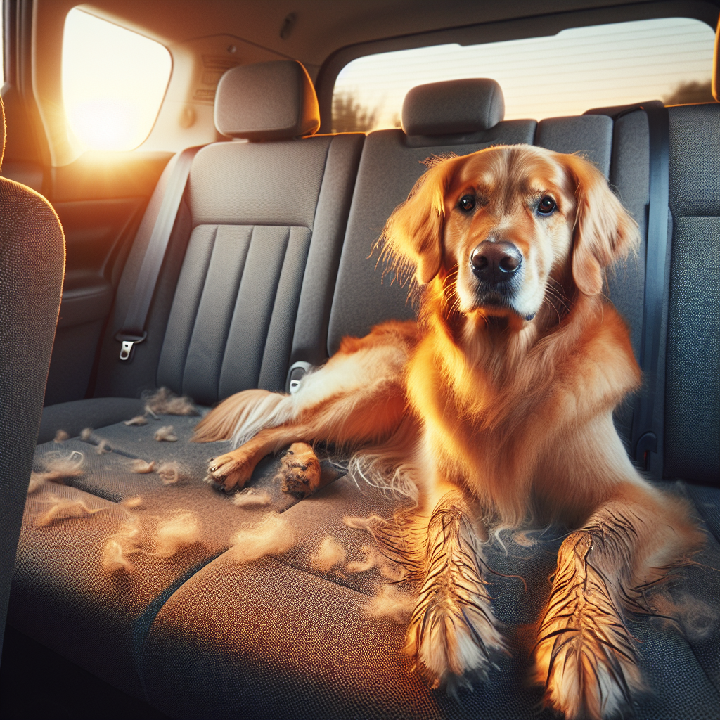 A friendly golden retriever with slightly damp fur and muddy paws, comfortably sitting in the back seat of a car. A few dog hairs are visible on the car's fabric seats, suggesting a cozy but slightly messy environment that can lead to odors. Realistic photography, warm natural light.