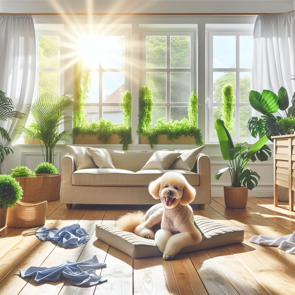 A clean and airy living room, with bright sunlight streaming through open windows. A happy, well-groomed dog is resting peacefully on a freshly laundered dog bed, surrounded by lush green plants. The overall atmosphere is one of freshness, cleanliness, and comfort, without any hint of unpleasant odors. Modern, inviting photography style.