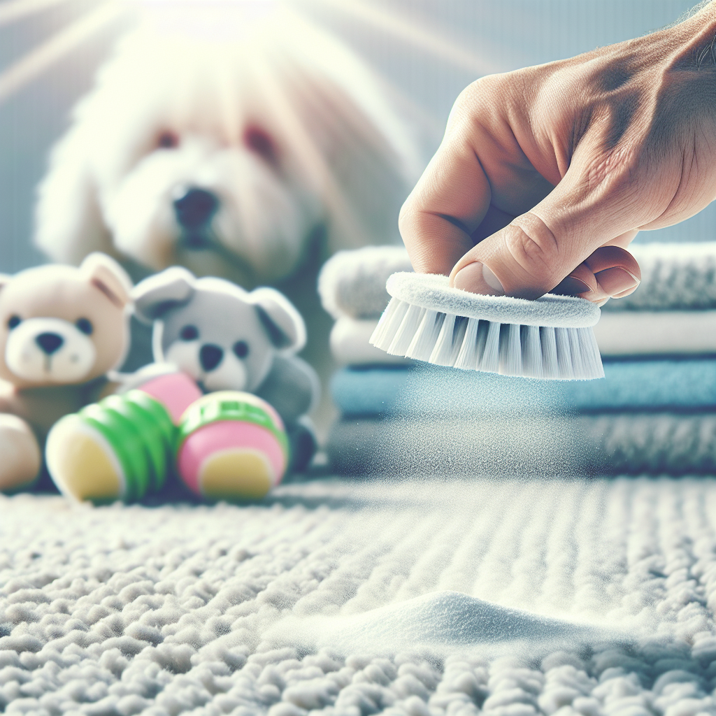 Close-up shot of a hand gently sprinkling a white powder (representing baking soda or Natron) onto a plush, light-colored carpet or upholstered sofa. In the softly blurred background, a clean dog toy or a neat stack of laundered dog blankets is visible. The image conveys effective cleaning and odor neutralization, with a bright and fresh aesthetic.