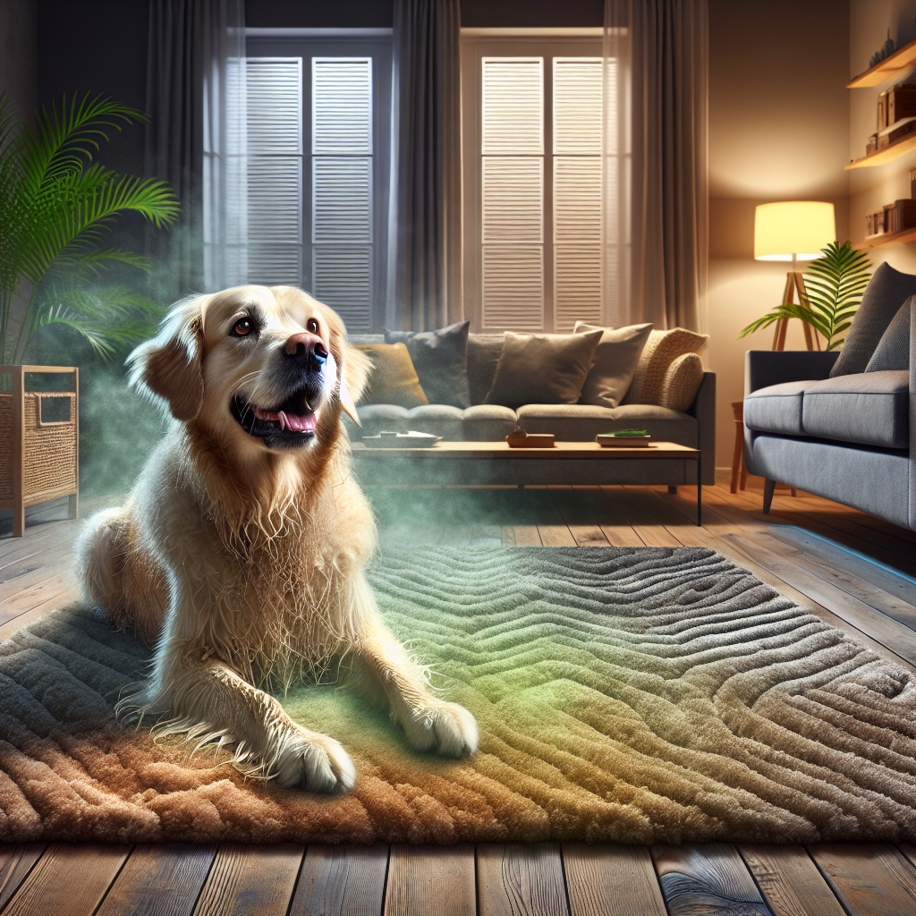 A slightly damp and shaggy dog, like a Golden Retriever, sitting on a plush rug in an apartment living room. Subtle visual cues of an unpleasant, stale dog odor are depicted in the air around the dog and surrounding textiles, perhaps faint wavy lines or a slight greenish haze. The room looks a bit dim, emphasizing the 'old' smell. Realistic, warm lighting.