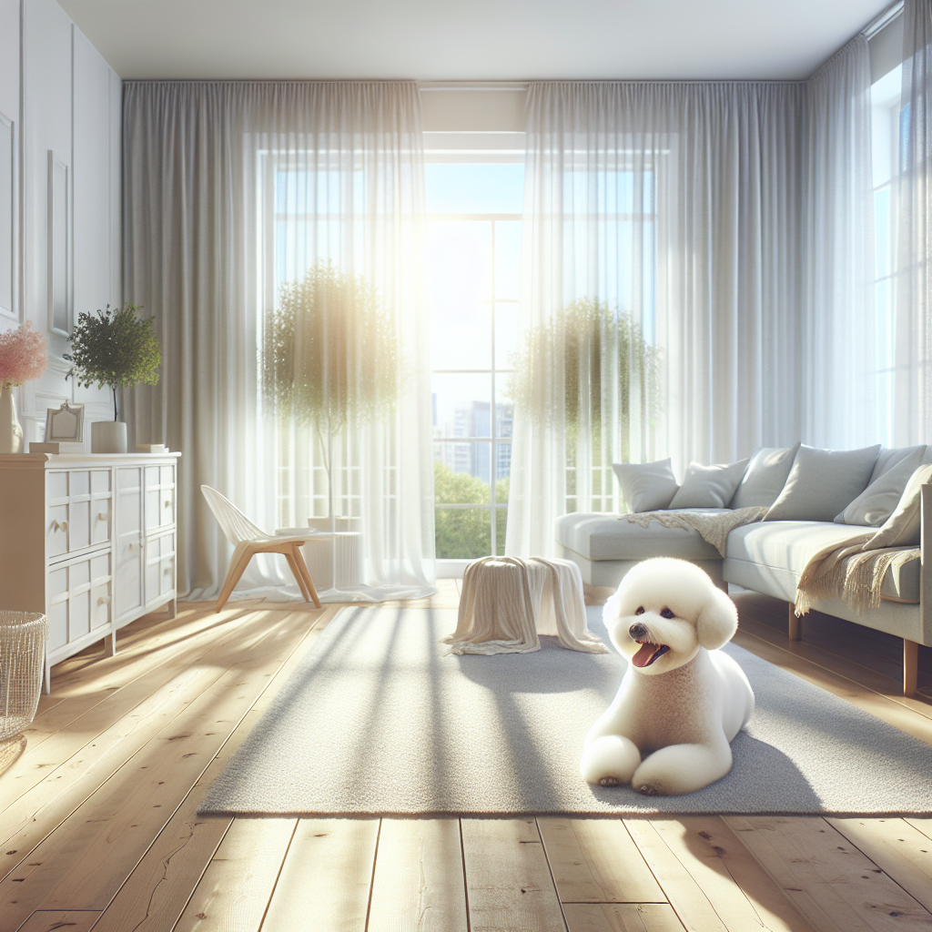 A bright, clean, and airy apartment living room. Sunlight streams through wide-open windows, with sheer curtains billowing gently in a fresh breeze. A perfectly groomed, happy dog is comfortably curled up on a spotlessly clean rug. The room evokes a strong sense of freshness and cleanliness, with no hint of odor. Realistic, vibrant lighting.