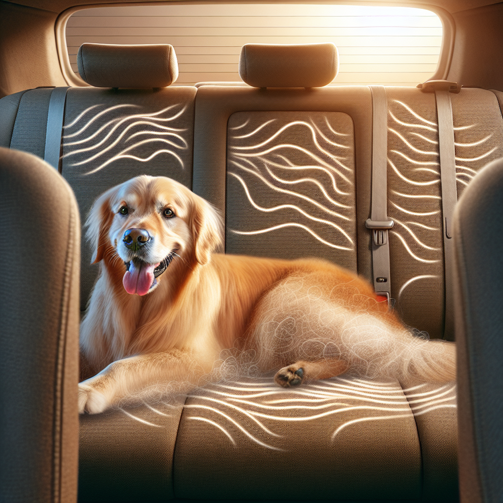 A friendly golden retriever sitting in the back seat of a car, surrounded by subtle dog hair and a faint, almost visible, unpleasant smell represented by wavy lines. The car interior looks slightly used but warm. Realistic, slightly diffused lighting.