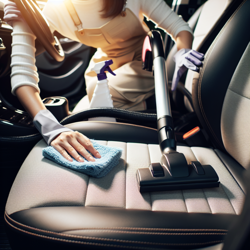 Close-up of a person's hands diligently vacuuming the car's fabric seats with a powerful handheld vacuum cleaner, surrounded by cleaning tools like a spray bottle and microfibre cloths. The car interior appears fresh and clean in the cleaned areas. Bright, focused lighting, emphasizing the cleaning action.