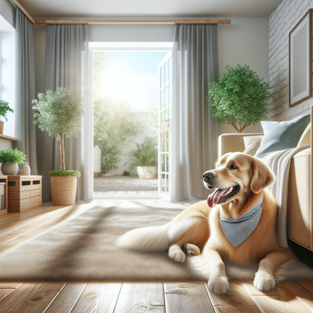 A cozy, sun-drenched living room with a modern, fresh aesthetic. A content, clean golden retriever is napping peacefully on a soft rug. The room is immaculate, with blooming houseplants and an open window letting in a gentle breeze, conveying a sense of fresh, clean air and a completely odor-free environment. High-quality photography, realistic.