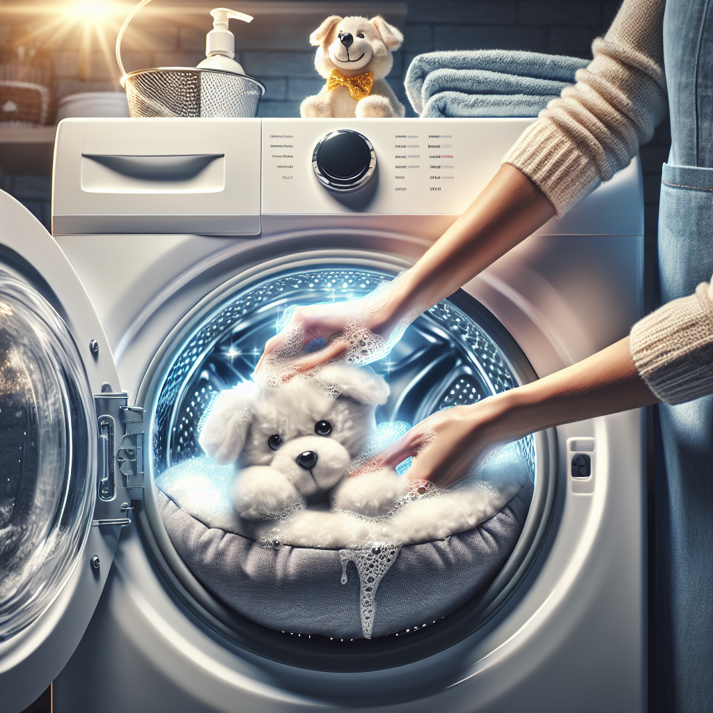 A person's hands are busy cleaning a dog bed in a bright, clean laundry room. The dog bed is being placed into a washing machine, with suds visible. Emphasize the act of cleaning to remove odors, showing diligence and care. A happy, clean dog toy is sitting on a nearby shelf. Realistic, close-up shot of hands, well-lit.