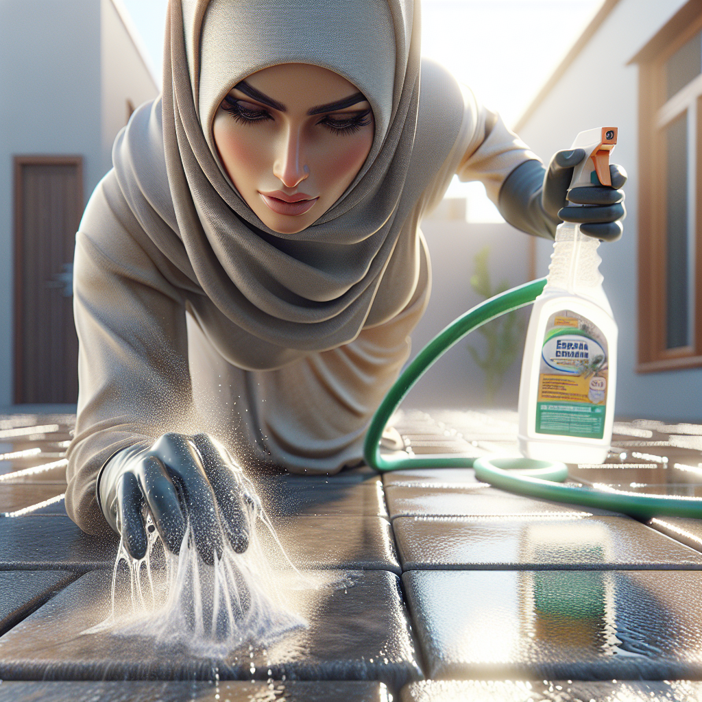 A close-up, realistic photograph of a person cleaning outdoor paving stones or a concrete patio. They are using a garden hose to rinse away visible residue and a spray bottle of an enzymatic cleaner. The sun is bright, highlighting the water droplets and the clean, refreshed look of the treated area. Focus on the action and effectiveness of cleaning.