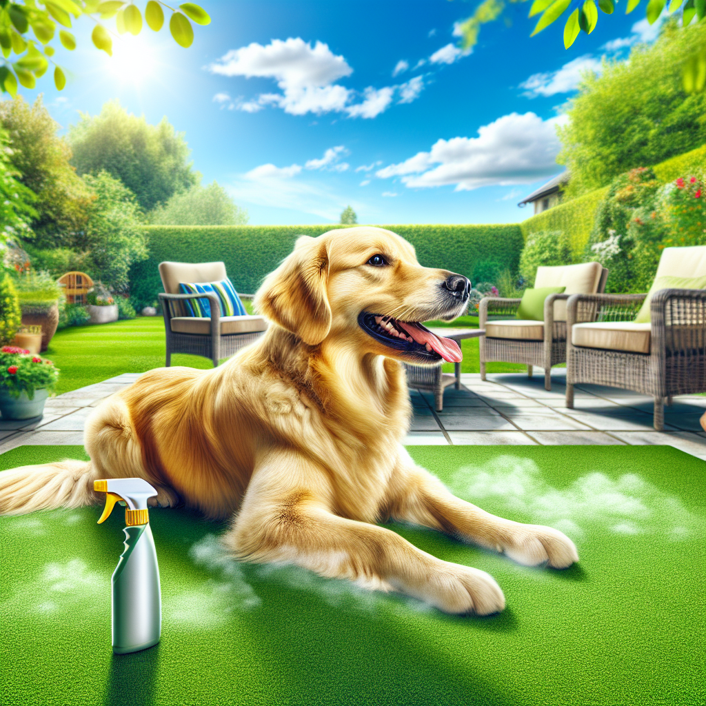 A vibrant, realistic photograph of a pristine, fresh-smelling garden patio on a sunny day. A happy dog, like a golden retriever, is relaxing or playing gently on a clean patch of grass or next to neat patio furniture. The scene emphasizes a pleasant, odor-free outdoor space, with lush greenery and a clear sky, conveying a sense of relief and cleanliness after successful odor removal.