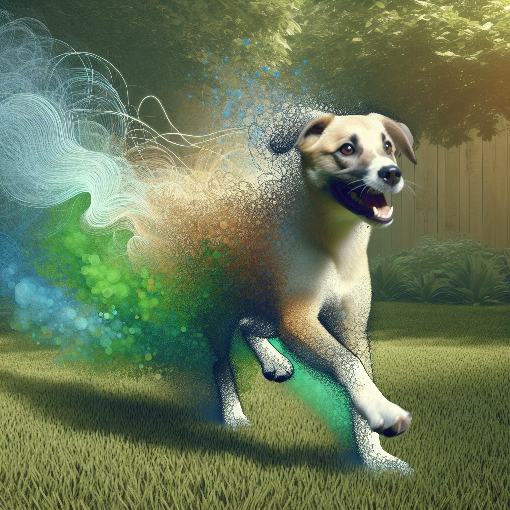 A vibrant, lush green garden with a happy dog playfully running on the lawn. Subtle, abstract wisps of an unpleasant odor (faint greyish-brown lines) are shown gently dissipating, being replaced by an aura of freshness and cleanliness (soft bright green and light blue hues). The overall mood is positive, fresh, and inviting. Realistic, high detail.
