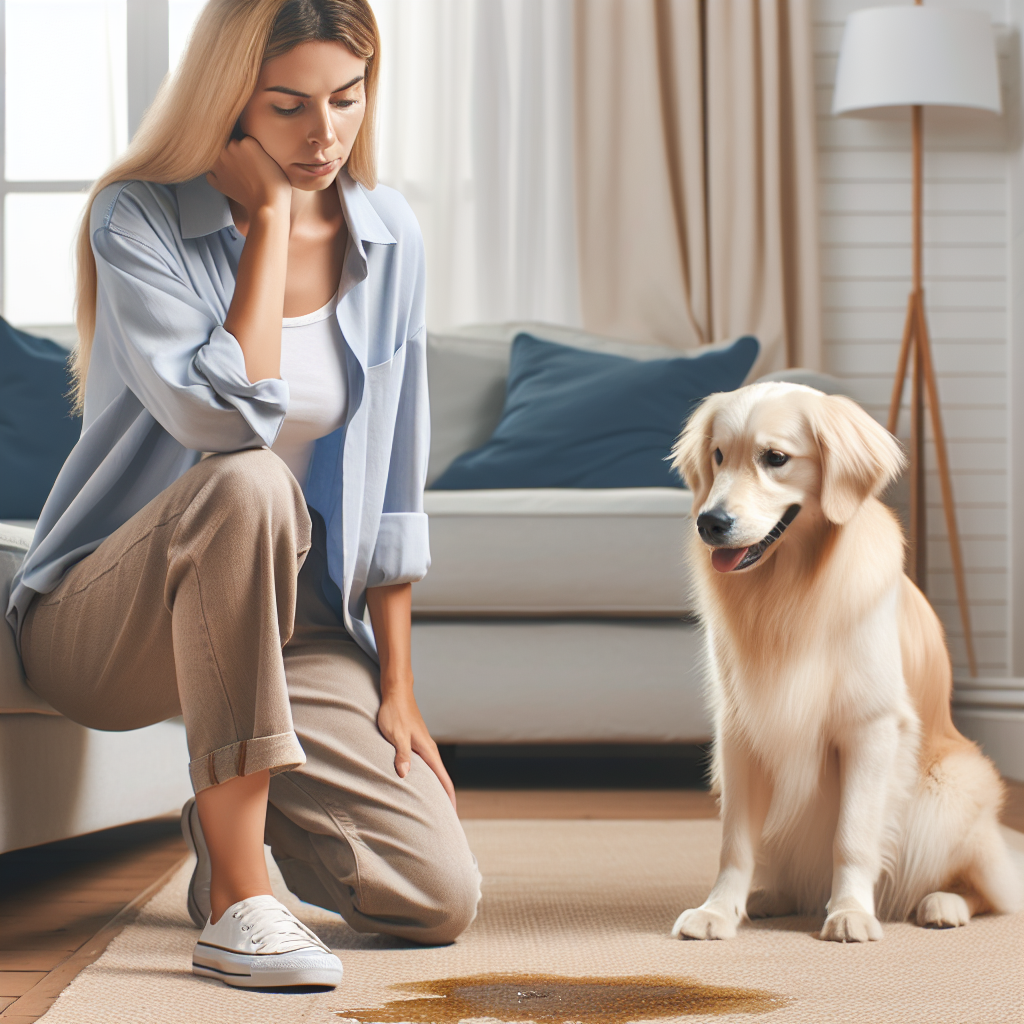 A slightly disheartened dog owner, standing in a bright living room, looking down at a small, subtle dog urine stain on a light-colored rug. A friendly, medium-sized dog sits innocently nearby, looking up. The image should convey the common problem of pet accidents, with a clean but slightly troubled aesthetic. Realistic, warm lighting, soft focus in background.
