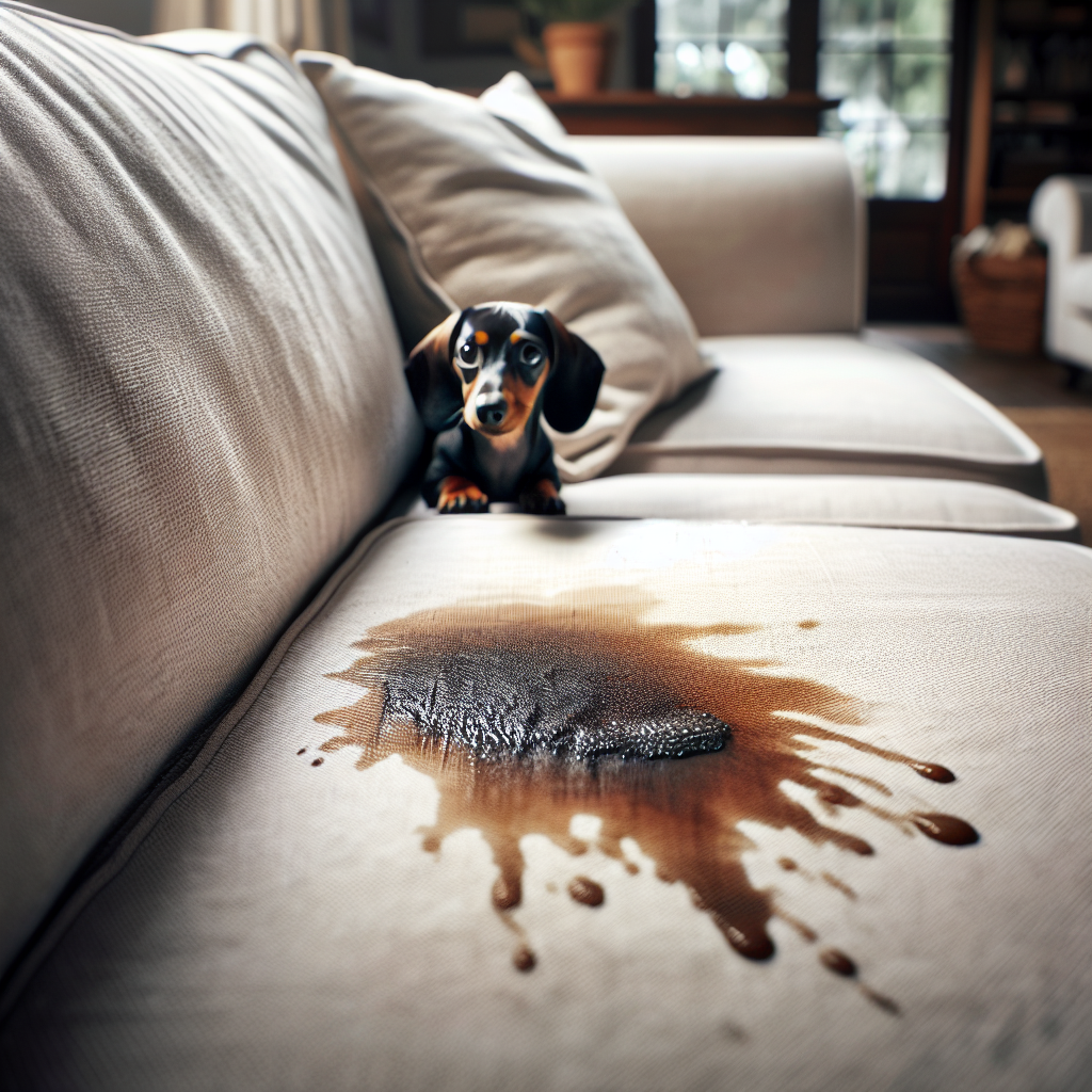 A close-up of a wet, dark stain on a light-colored sofa cushion. In the slightly blurred background, a small dog (e.g., a Dachshund or Beagle) looks guilty or surprised, peeking from behind the sofa. The scene is indoors with natural, soft lighting.