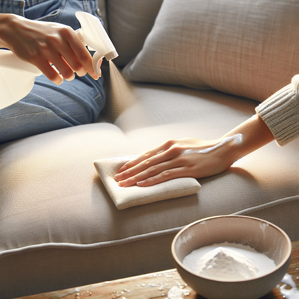 Hands are shown actively cleaning a sofa cushion. One hand holds a spray bottle, misting a liquid, while the other hand uses a clean cloth to gently dab the area. A small bowl of white powder (implying baking soda) sits on the sofa next to the cleaning area. Bright, clean indoor environment.
